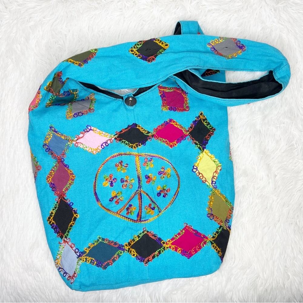 Teal blue multicolored embroidered peace hobo boho crossbody sling bag